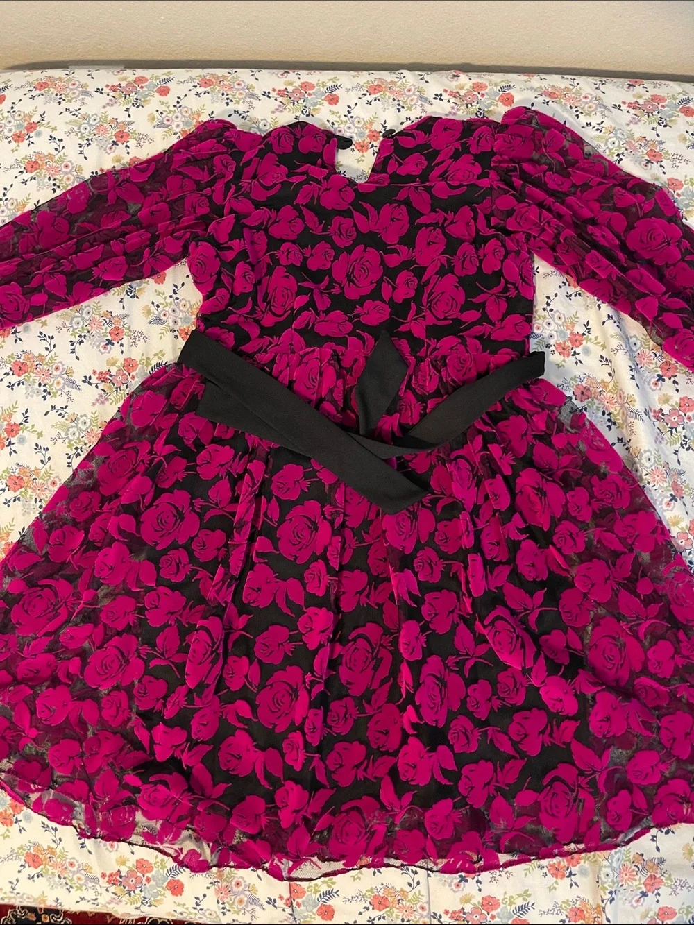 Girls Black & Fuchsia Rose Mesh Dress | Floral Party Dress